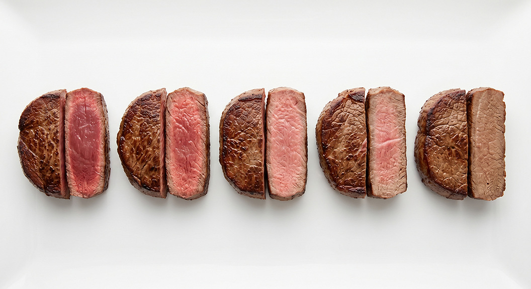 F�nf Steak-Anschnitte in einer Reihe, von blutig links bis durchgegart rechts